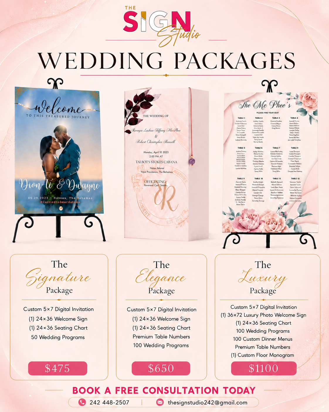 The Sign Studio wedding packages flyer showing the Signature, Elegance and Luxury packages with pricing
